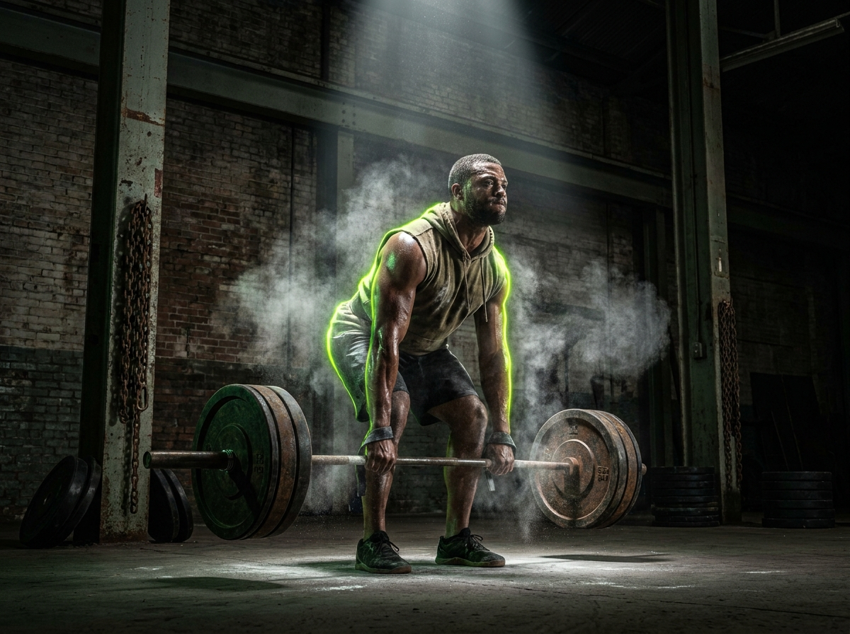Athlete deadlifting in a dark gym